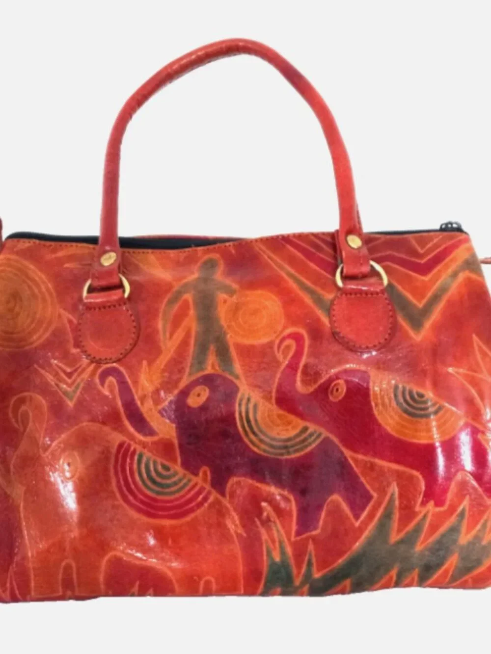 VTG Hand Painted Leather Elephant Satchel Bag India Boho Artisan Jungle Purse